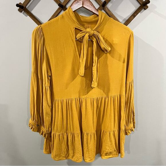 Maeve by Anthropology mustard yellow top with tie neck - Picture 4 of 7